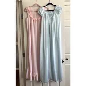 Vintage 70s Powder Blue Pastel Pink Satin Long Nightgowns S/M Lorraine JC Penney